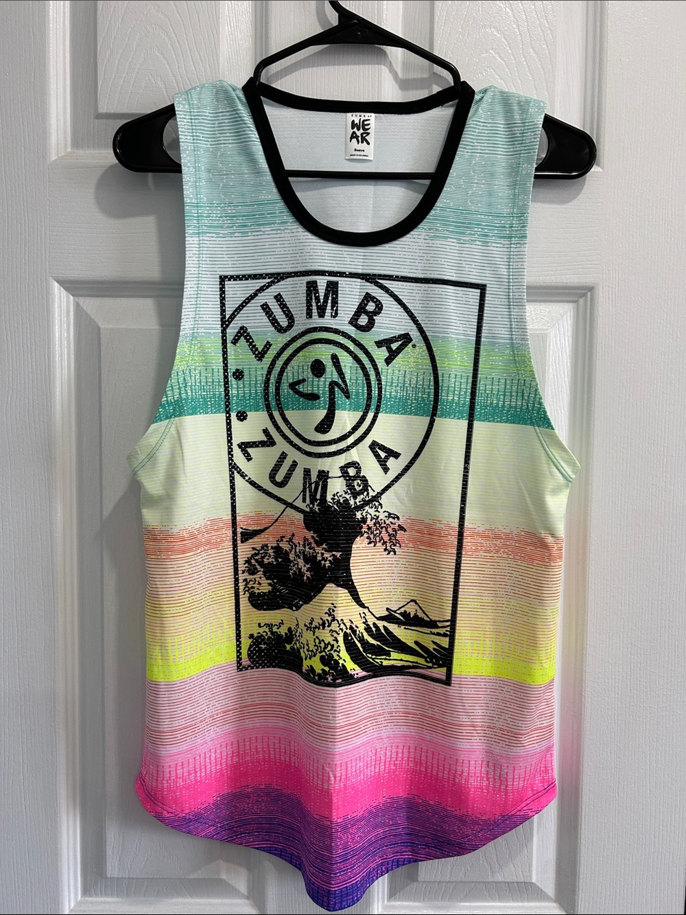 NWOT Zumba Mint Green Yellow Pink Purple Ombre Tank with Black Logo